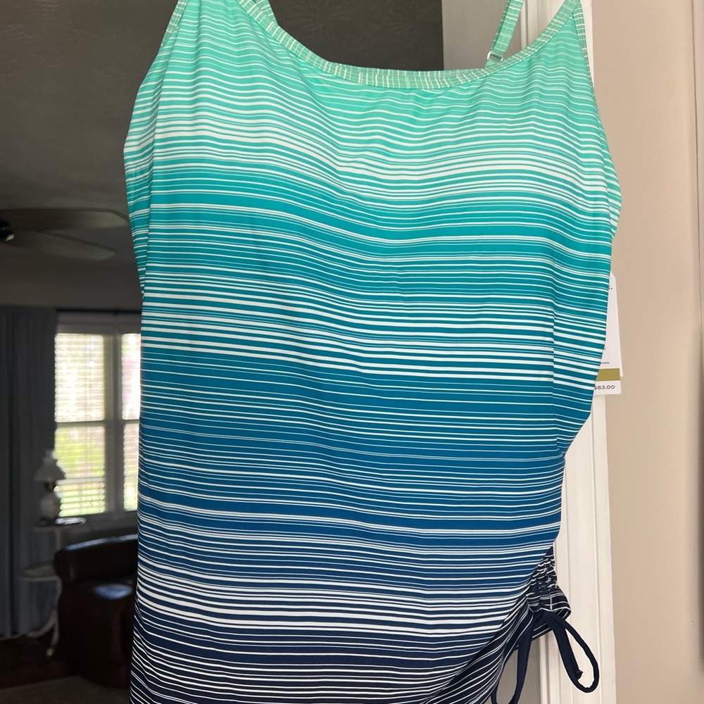 Beach house size 14. Blue , teal and white striped.